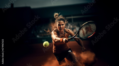 female tennis player hitting the ball with his racket on a tennis court with blurred background © juancajuarez