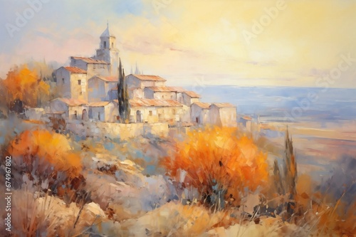 Oil Painting Landscape Town Village in France Italy Europe Artwork That Would Hang in a Stately Home in a Post Impressionist Style With Soft Brushstrokes Style Illustration Classic