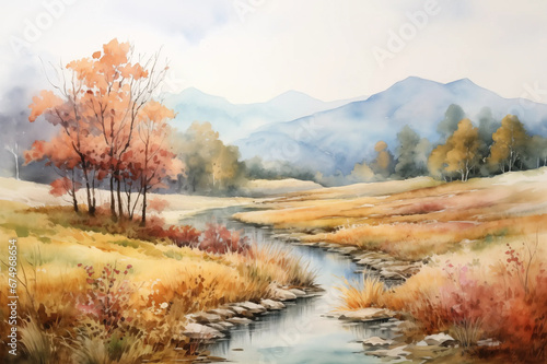 Oil Painting Landscape River Countryside Trees Mountains Fields Hills Clouds Artwork That Would Hang in Stately Home Post Impressionist Soft Brushstrokes Stunning Vista Style Illustration Classic