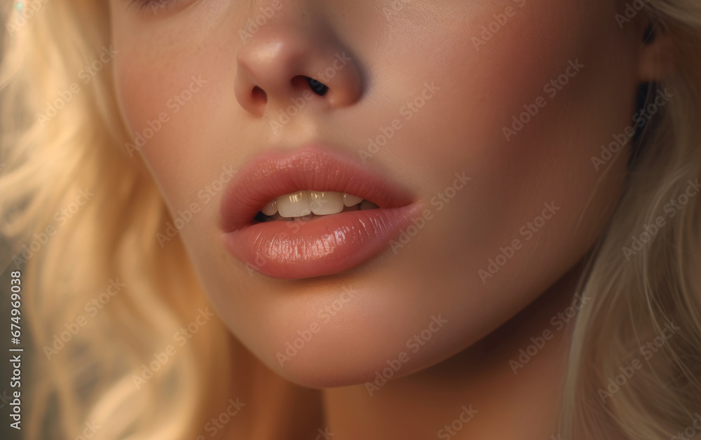 Obraz premium Close up lips photography. Beautiful young woman with blonde hair