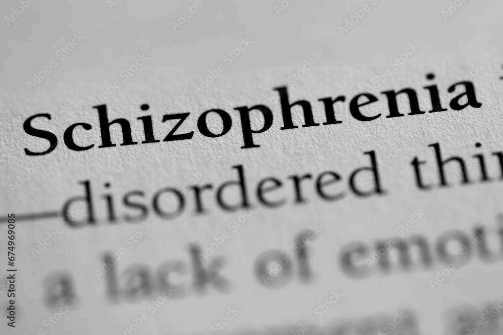 Obraz premium Schizophrenia, psychology disorder terminology printed in black on white paper close-up. medical treatment and therapy. 