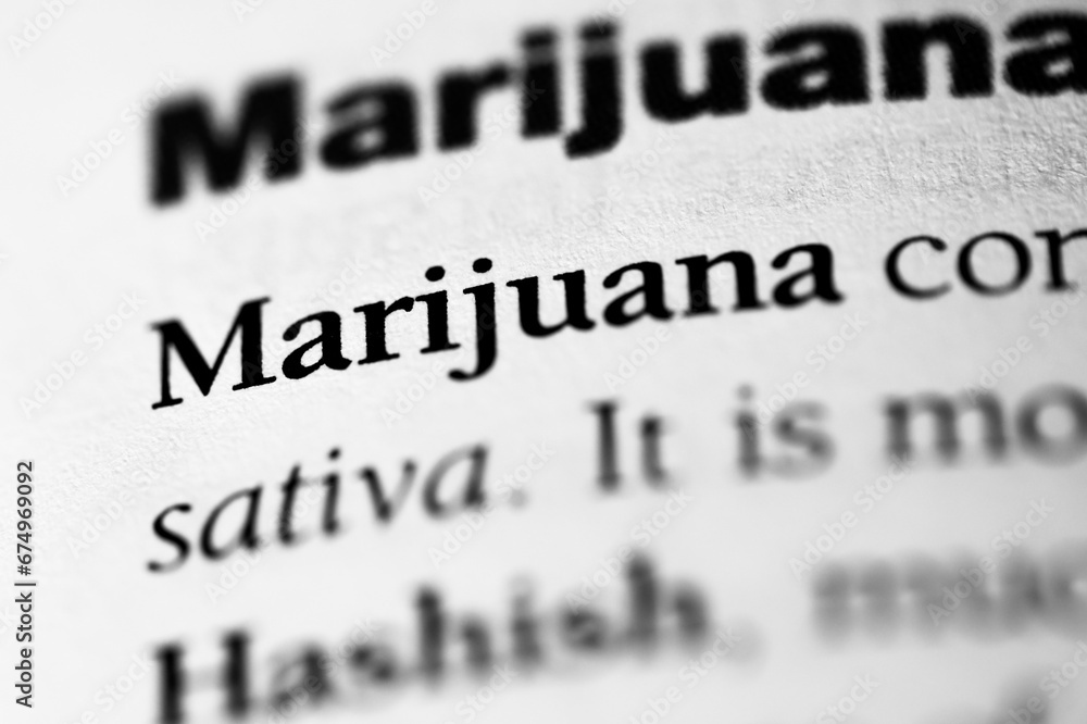 Marijuana, addictive and illegal substance or drug printed in black on white page of book close-up from cannabis plant Marijuana, addictive and illegal substance or drug printed in black on white page of book close-up from cannabis plant