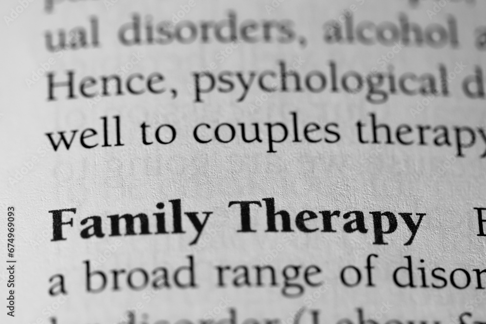 Obraz premium family therapy, psychology counseling term for families, printed in black on white paper close-up