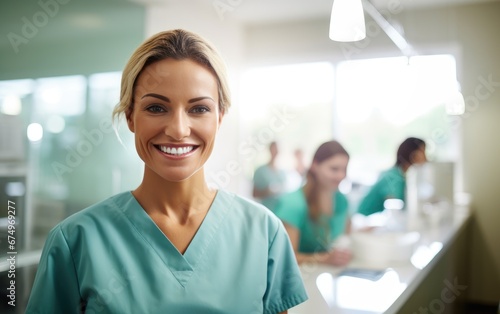 A female nurse wearing green scrubs smiling at a patient behind a counter in a bright medical laboratory