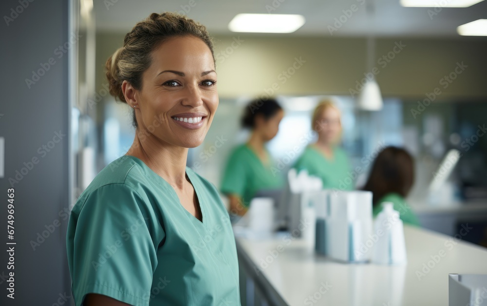Fototapeta premium A female nurse wearing green scrubs smiling at a patient behind a counter in a bright medical laboratory
