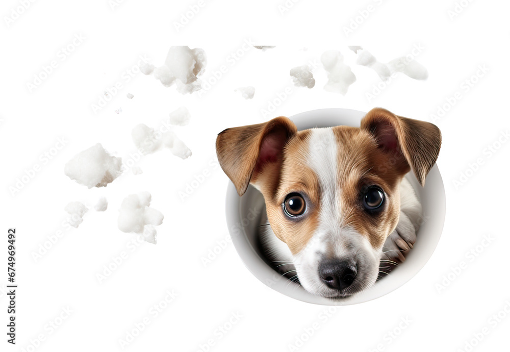 Dog peeps out of the corner, animal emotions, looks at bowl of food