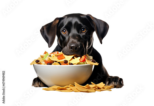 Dog peeps out of the corner, animal emotions, looks at bowl of food