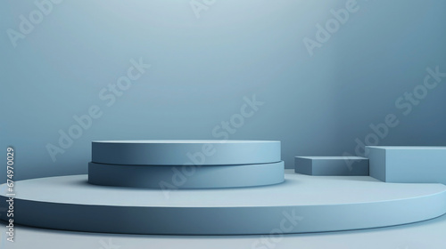 Blue room interior  with smooth blue concrete wall and lights on ceiling  ground with podium in circle  modern design  architecture