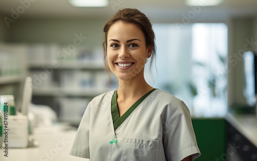 A female nurse wearing green scrubs smiling at a patient behind a counter in a bright medical laboratory