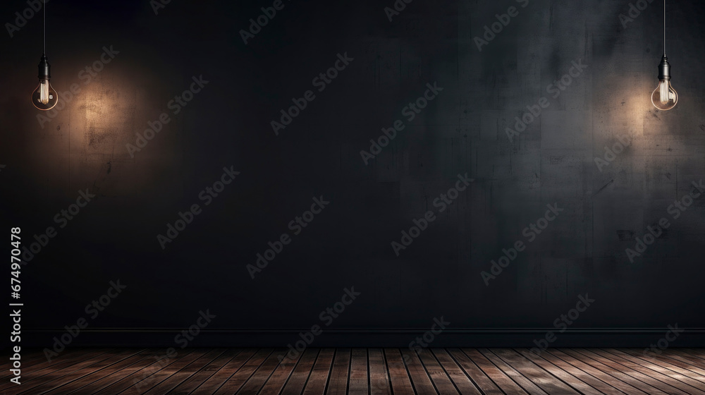 Room with smooth concrete black wall and hanging bulbs with light effect, wooden ground, modern design living Room with smooth concrete black wall and hanging bulbs with light effect, wooden ground, modern design living