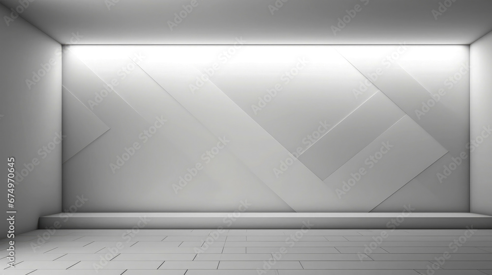 White empty room interior, with geometric 3d element wall and light line on top, modern design living, architecture White empty room interior, with geometric 3d element wall and light line on top, modern design living, architecture