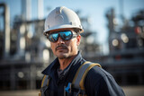 Portrait of man, oil gas refinery industry factory worker