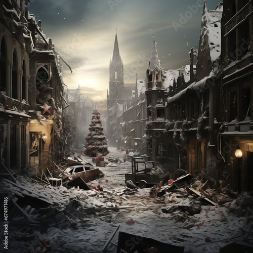 a city destroyed by bombing with decorated Christmas