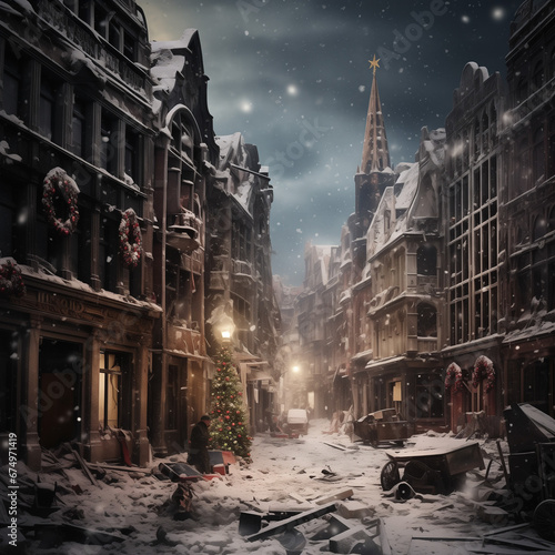 a city destroyed by bombing with decorated Christmas