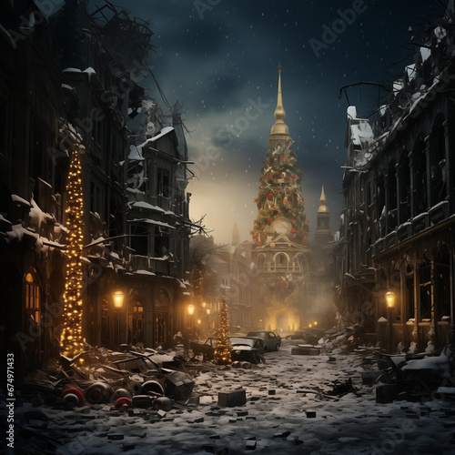 a city destroyed by bombing with decorated Christmas