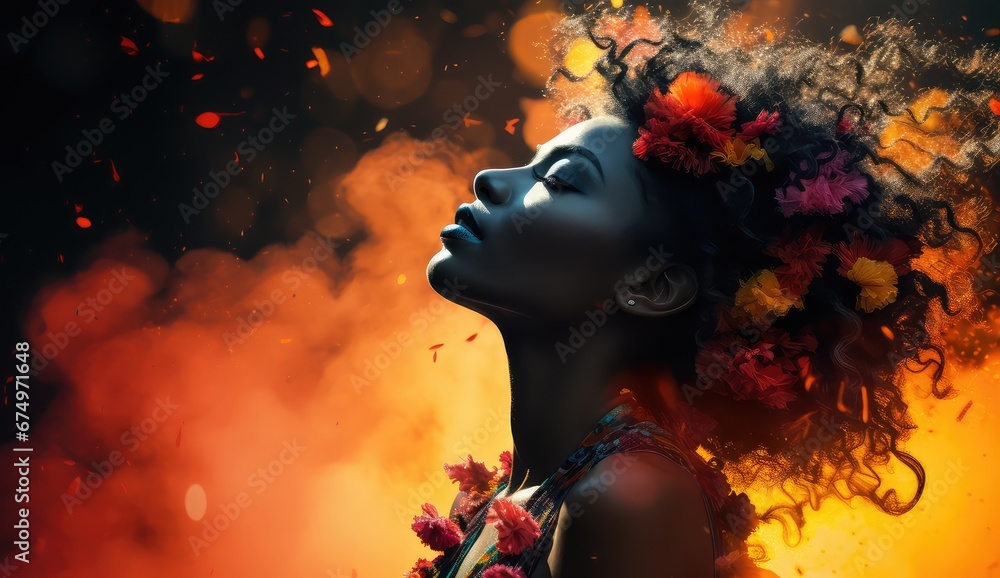 Portret czarnoskórej kobiety z kwiatami we włosach - obrazy, fototapety, plakaty 