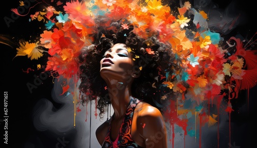 Portret czarnoskórej kobiety z kwiatami we włosach