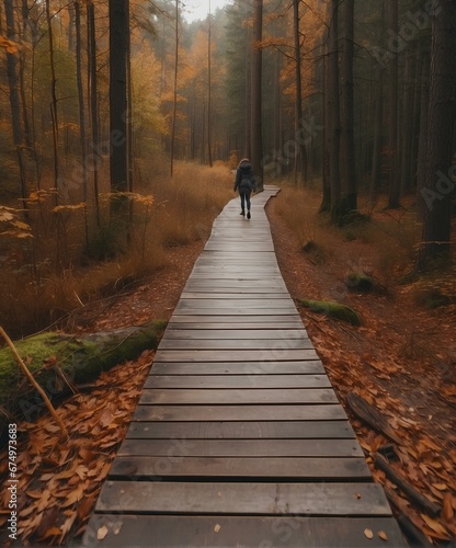 Woodland wander: Lady walking on autumnal trail in a serene park
