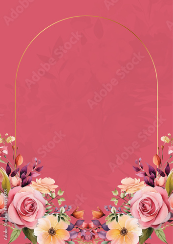 Pink and red watercolor hand painted background template for Invitation with flora and flower