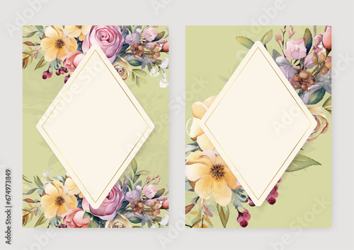 Pink and yellow rose and anemones beautiful wedding invitation card template set with flowers and floral