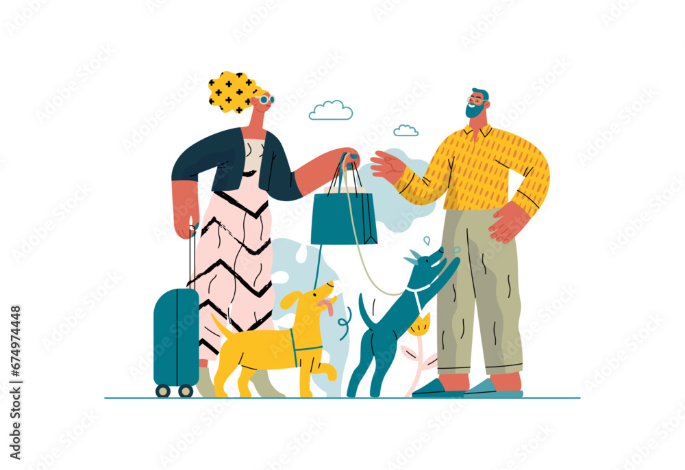 Mutual Support: Pet-sitting -modern flat vector concept illustration of a woman going on vacation leaving her dogs with neighbor. A metaphor of voluntary, collaborative exchanges of resource, services