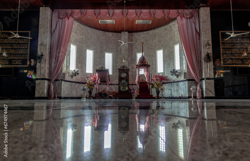 Beautiful architecture design inside of Masjid Al - Yusraw or Al - Yusraw Mosque for Islamic Affairs are esigned with elegant. Islamic art concept, Space for text, Selective focus. photo