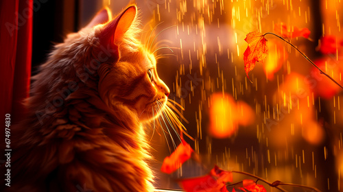 a cute cat looking through a window during the rain in the autumn