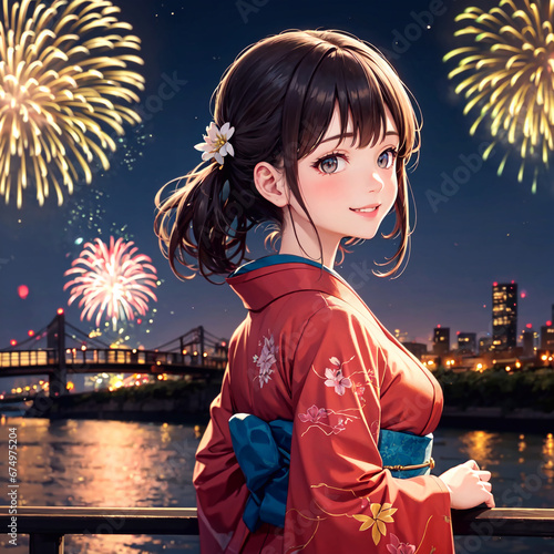anime girl, anime girl in kimono, anime girl watching the fireworks, japan fireworks fair