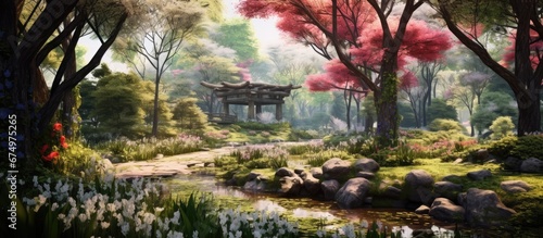 The beautiful background of a blooming spring garden showcases the natural beauty of the flowers leaves and trees creating a picturesque scene in the enchanting forest filled with greenery