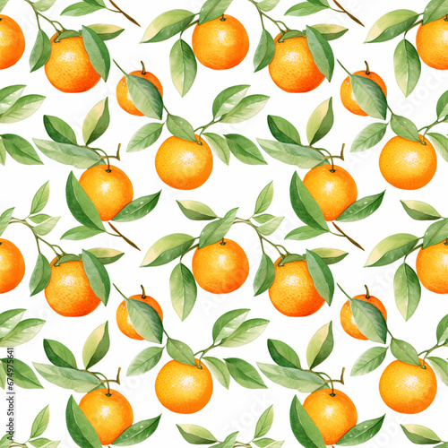 Watercolor seamless pattern with oranges and leaves on a white background