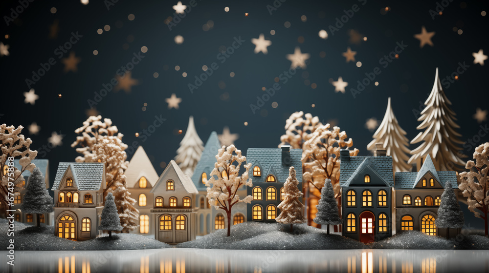 Small evening town winter landscape miniature. Toy town model. Happy Holidays greeting card, banner, background.