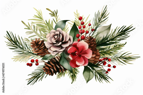 Christmas decoration Made of Pine Branches, pine cones, flowers and red berries painted on white background.