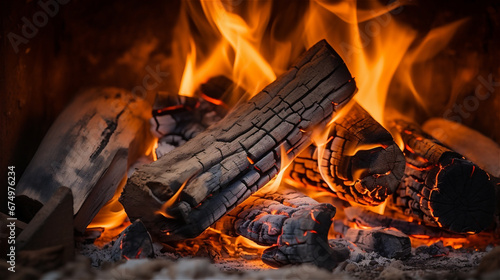 fire close up. warm fireplace with lots of logs