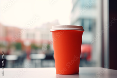 Coffee to go concept. red paper coffee cup with a lid on a desk in a blurry background, copy space