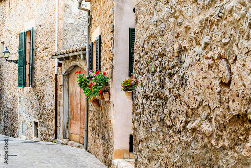 Beautiful views of a street in the picturesque and famous town of Valldemosa, Mallorca, Balearic Islands, Spain