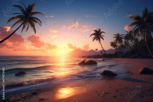 An image of a tranquil beach at sunset.