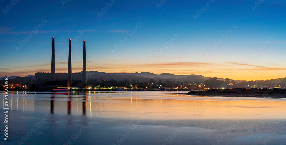 sunset, sunrise, over water, ocean, power plant