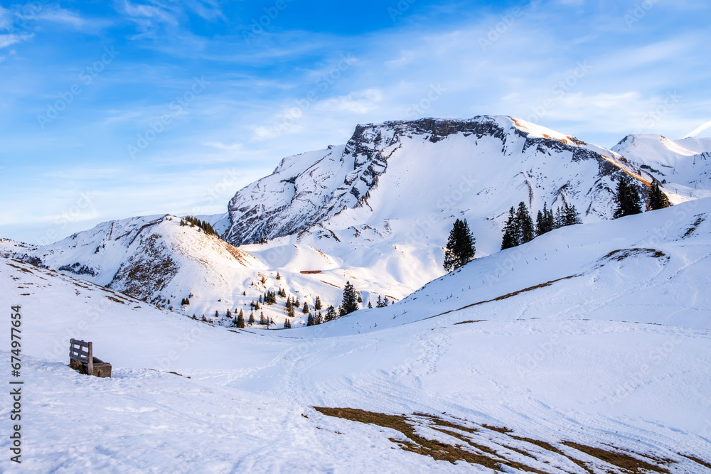 Winter landscape on Klewenalp mountain in Swiss Alps, Switzerland. Popular ski slope and winter sport attraction with snowy mountains and fir trees