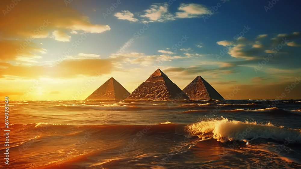 Great Pyramids of Giza (Egypt) are flooded with seawater. In place of the Sahara Desert is a tropical sea. Climate changing, melting of glaciers and polar caps, sea level rise.