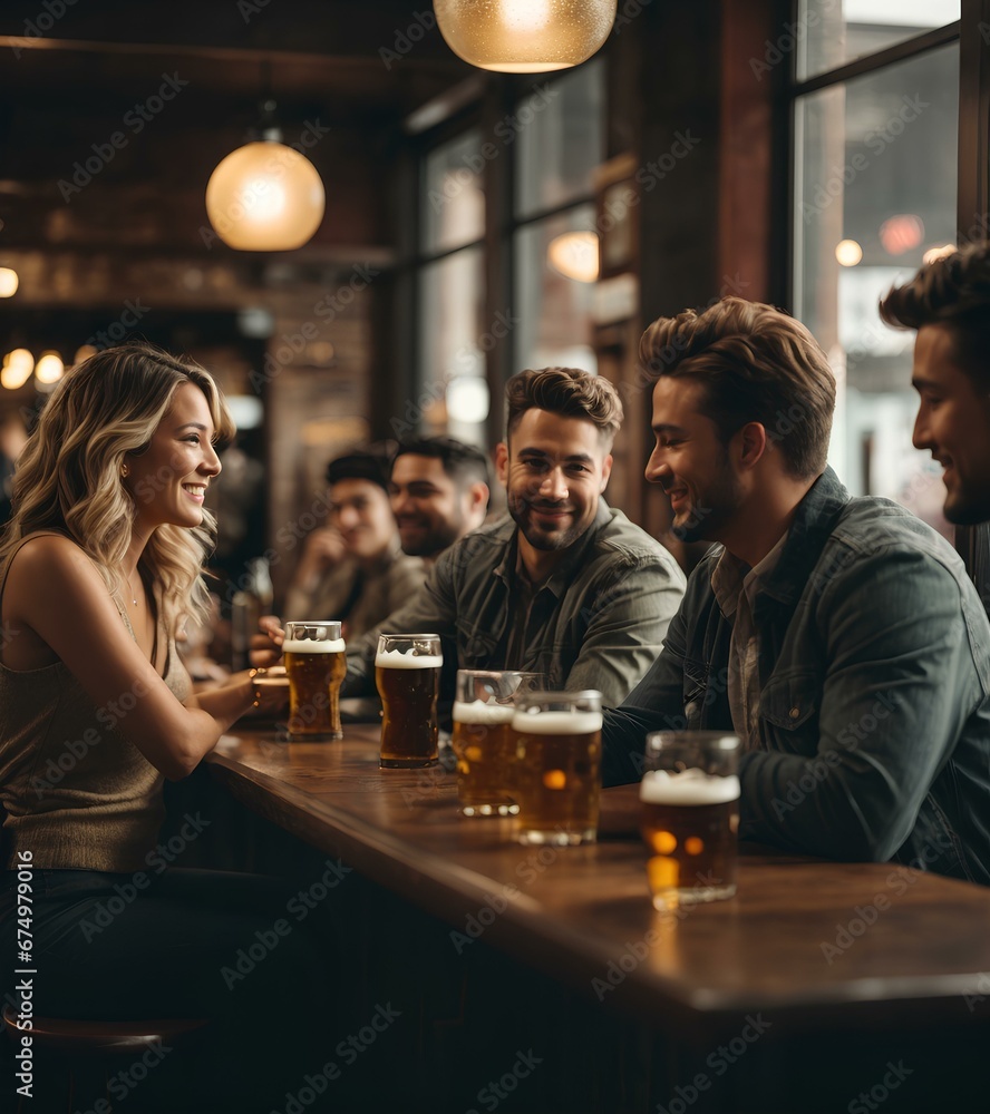 Young adults enjoying a beer at a bar, smiling and socializing.
