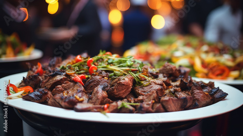A delectable plate of grilled meat presented at a wedding or restaurant buffet, inviting guests to savor the culinary delights of the occasion. photo