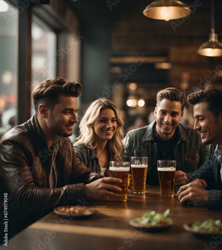 Happy group of friends in a bar, drinking beer, sharing a time and laughter.