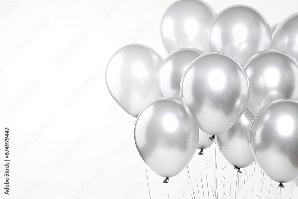 Reflective metallic balloons gathered closely, shimmering under soft light. Celebration accessories. - obrazy, fototapety, plakaty 