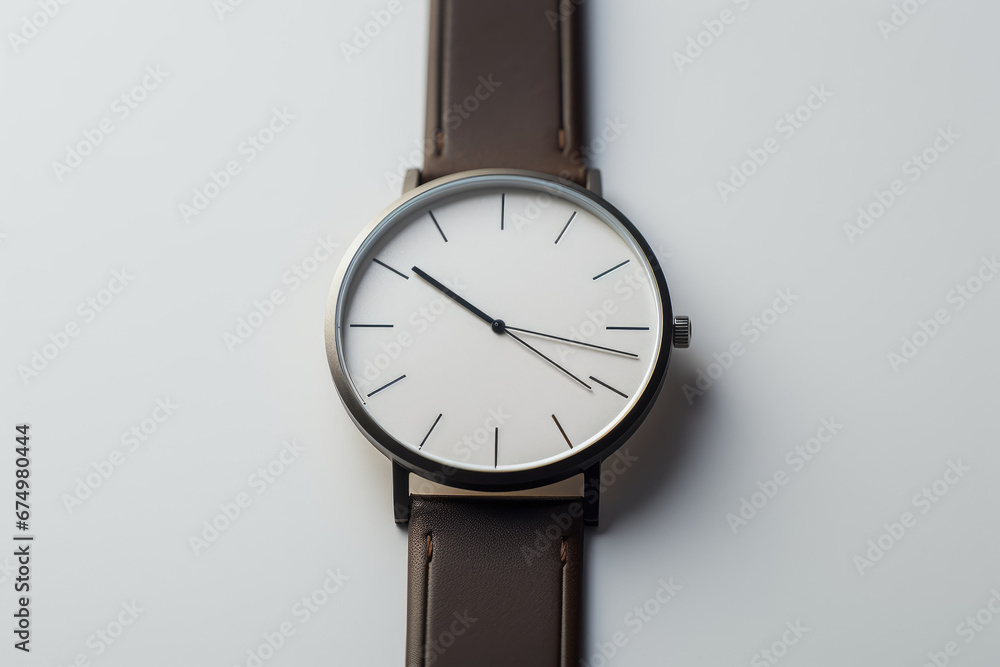 Close-up of a minimalist wristwatch with a plain face. Close-up of a minimalist wristwatch with a plain face.