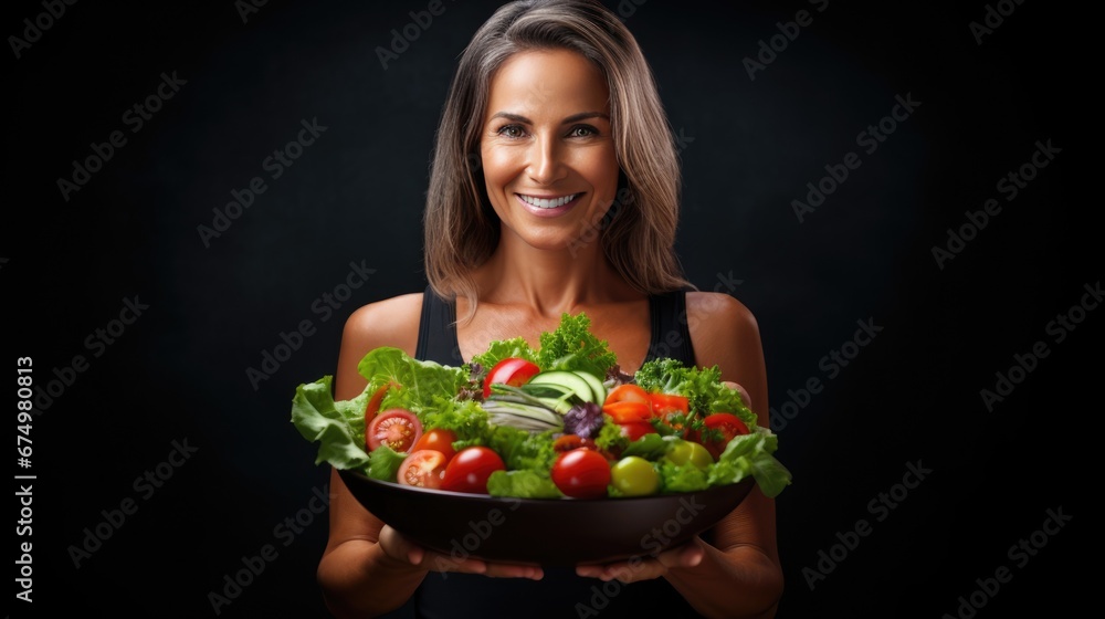 Mature woman holding vegan salad with many vegetables. Veganuary, Healthy lifestyle concept. Senior lady Portrait with healthy fresh vegetarian salad.. Mature woman holding vegan salad with many vegetables. Veganuary, Healthy lifestyle concept. Senior lady Portrait with healthy fresh vegetarian salad..
