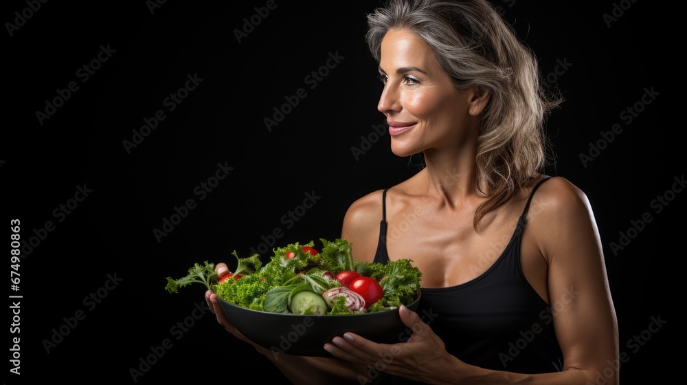 Mature woman holding vegan salad with many vegetables. Veganuary, Healthy lifestyle concept. Senior lady Portrait with healthy fresh vegetarian salad.. Mature woman holding vegan salad with many vegetables. Veganuary, Healthy lifestyle concept. Senior lady Portrait with healthy fresh vegetarian salad..