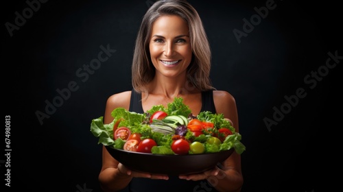 Mature woman holding vegan salad with many vegetables. Veganuary, Healthy lifestyle concept. Senior lady Portrait with healthy fresh vegetarian salad..