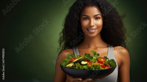 African American Woman holding vegan salad with many vegetables. Veganuary, Healthy lifestyle concept. lady Portrait with healthy fresh vegetarian salad..