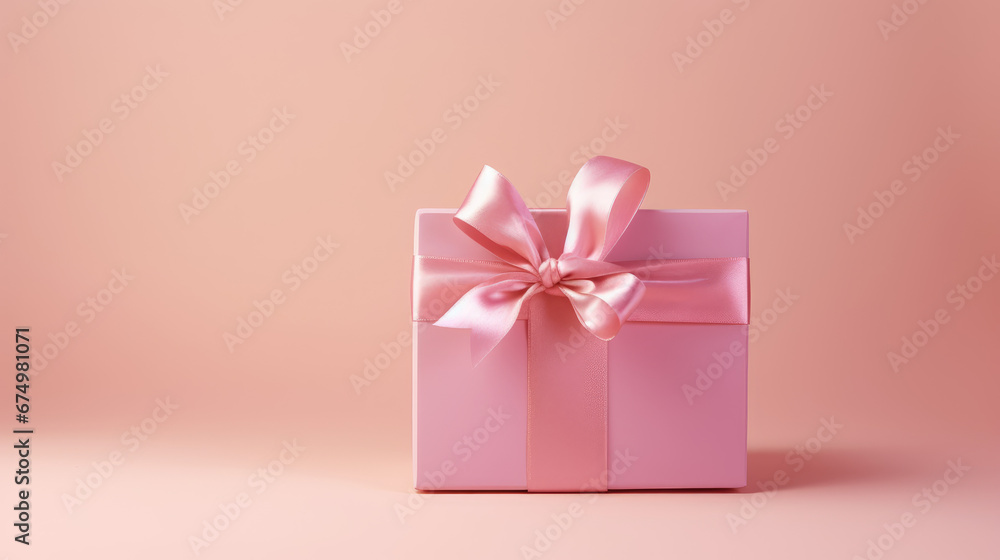 A pink gift box with a ribbon sits on a pale pink background, creating a romantic ambiance, perfect for birthday, anniversary, or gift card use.