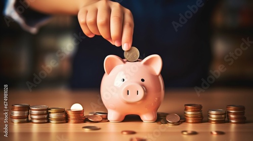 Securing Tomorrow: Child Deposits Coins into Pink Piggy Bank. Generative ai photo